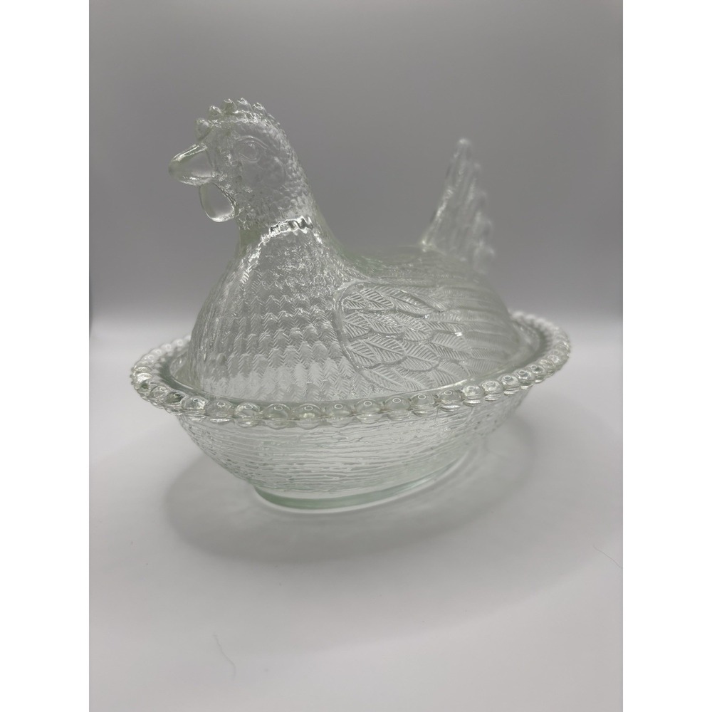 Vintage Indiana Glass Clear Large 7" Hen on Nest Covered Dish MCM Farmhouse - Picture 7 of 15